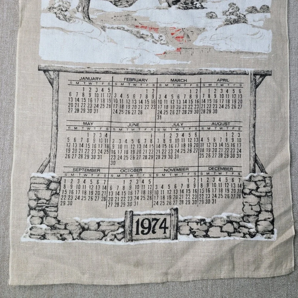 Calendar Tea Towel Tan 1974 Winter Barn Scene Vintage Linen Decor